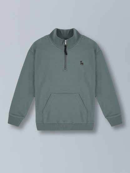 Solid Half Zipper Cotton Sweatshirt- Summer Green