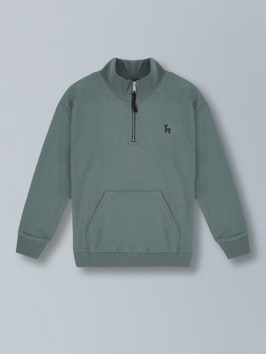 Solid Half Zipper Cotton Sweatshirt- Summer Green
