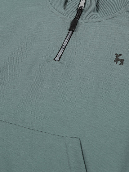 Solid Half Zipper Cotton Sweatshirt- Summer Green