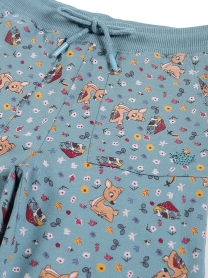 Deer AOP & Crown Stone wide legTrouser  - Teal Blue