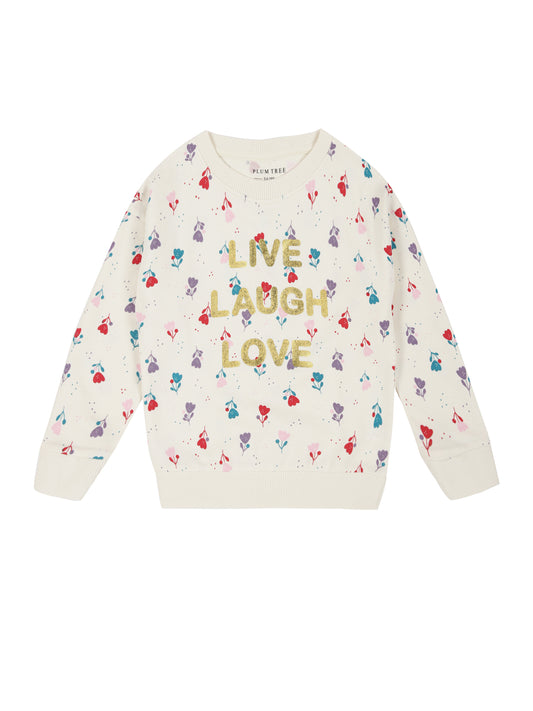 Flower AOP & Live Laugh Love Pullover Crew Neck Sweatshirt  - Vanilla