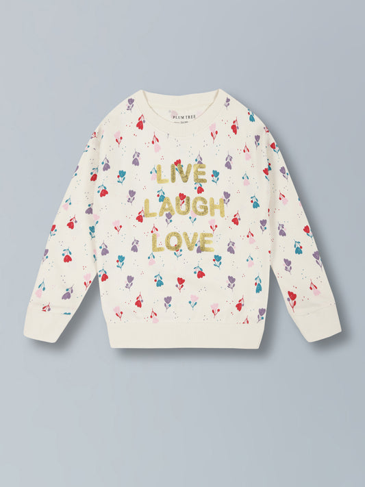 Girls Flower AOP&Live Laugh Love Print Pullover Crew Neck Cotton Sweatshirt - Vanilla