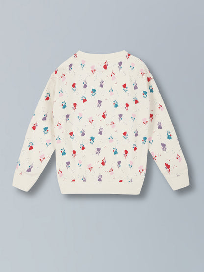 Girls Flower AOP&Live Laugh Love Print Pullover Crew Neck Cotton Sweatshirt - Vanilla