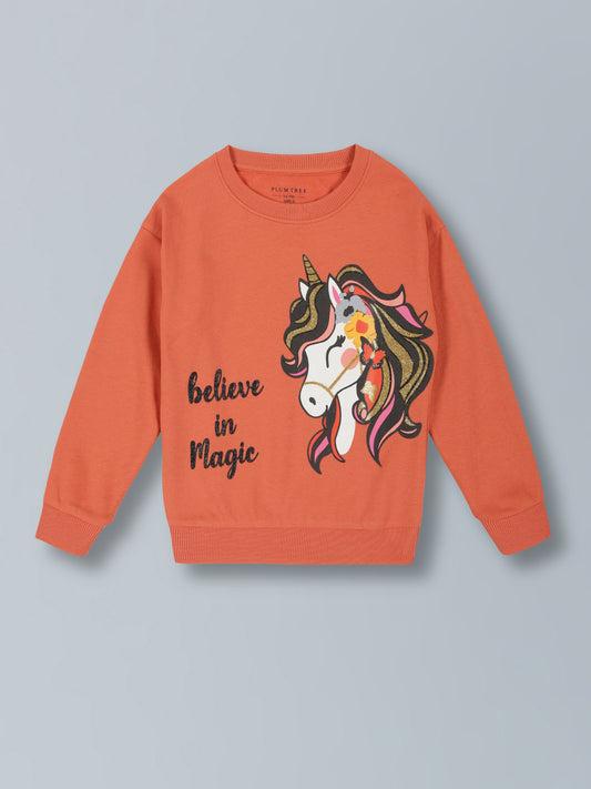 Girls Believe In Magic Print Pullover Crew Neck Cotton Sweatshirt- Winter Orange
