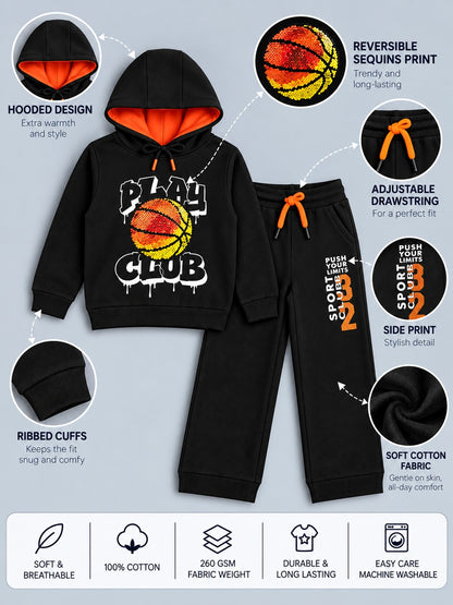 Boys Premium Soft Cotton Printed Hooded Sweatshirt and Jogger Set