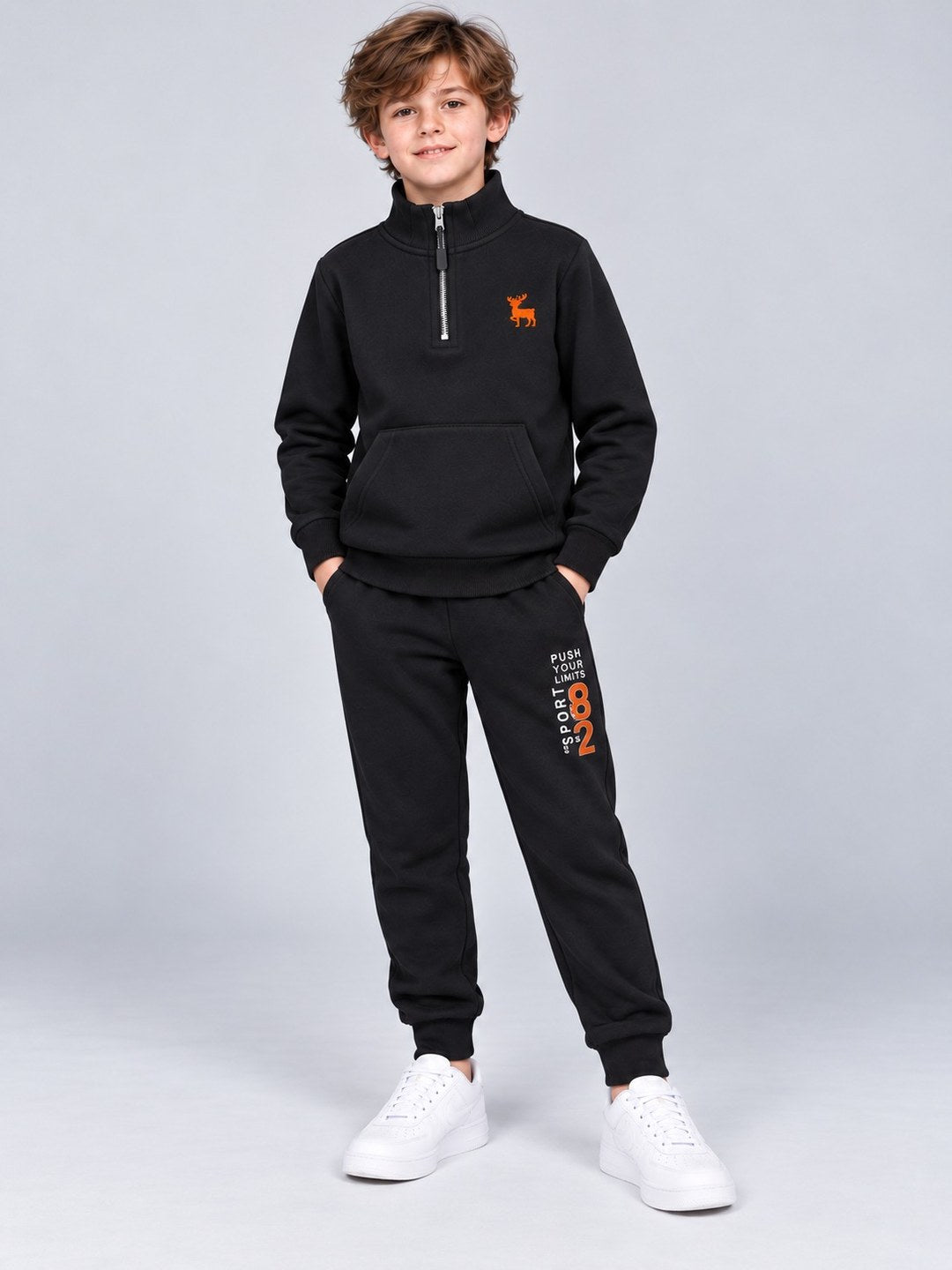 Boys Premium Soft Cotton Printed Half Zipper Hi-Neck Sweatshirt and Jogger Set