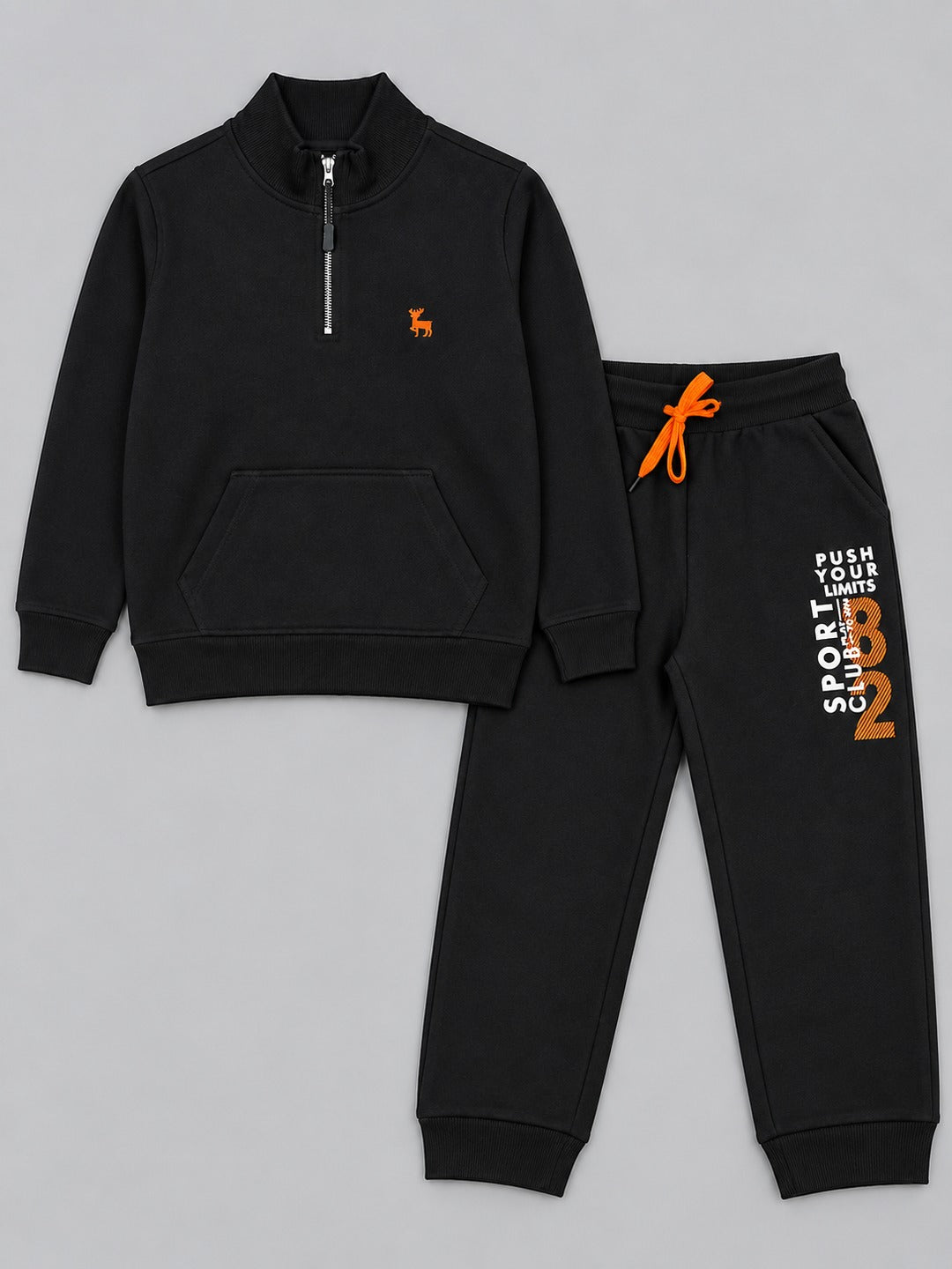 Boys Premium Soft Cotton Printed Half Zipper Hi-Neck Sweatshirt and Jogger Set