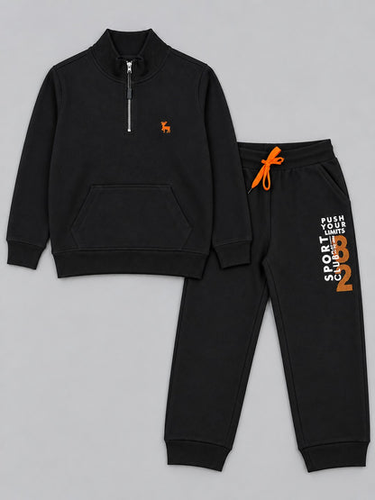 Boys Premium Soft Cotton Printed Half Zipper Hi-Neck Sweatshirt and Jogger Set