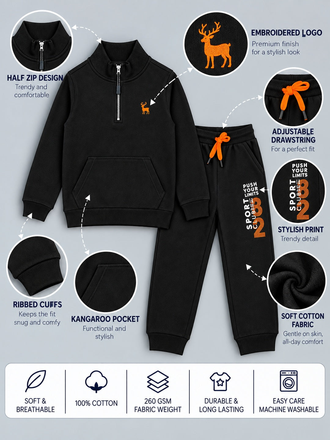 Boys Premium Soft Cotton Printed Half Zipper Hi-Neck Sweatshirt and Jogger Set