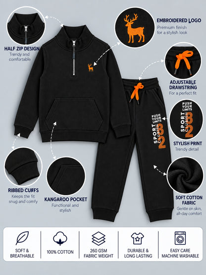 Boys Premium Soft Cotton Printed Half Zipper Hi-Neck Sweatshirt and Jogger Set