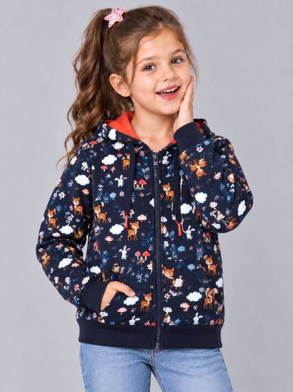 Girls Premium Soft cotton Full Zipper Printed Hooded Sweatshirt