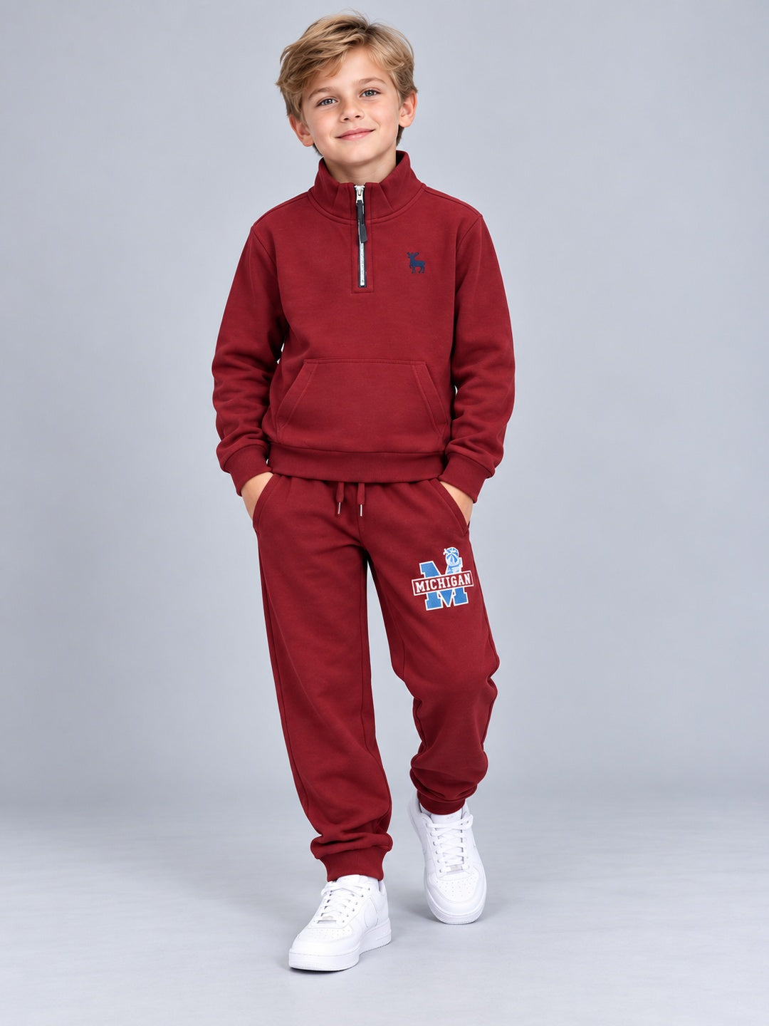 Boys Premium Soft Cotton Printed Half Zipper Hi-Neck Sweatshirt and Jogger Set