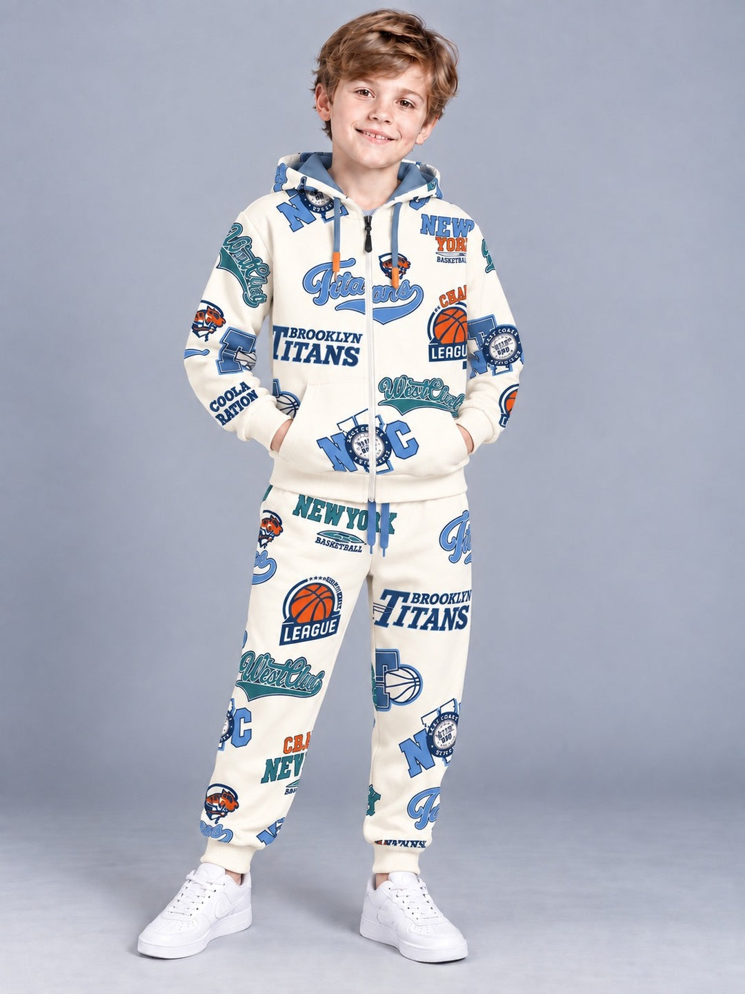 Boys Premium Soft Cotton Printed Full-Zipper Hooded Sweatshirt and Jogger Set