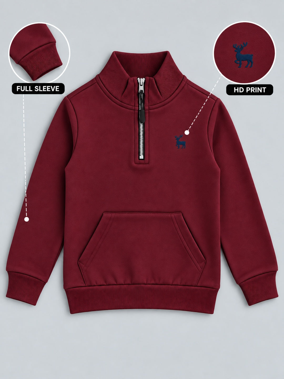 Boys Premium Soft Cotton Full Sleeve Half Zipper Hi-Neck Sweatshirt
