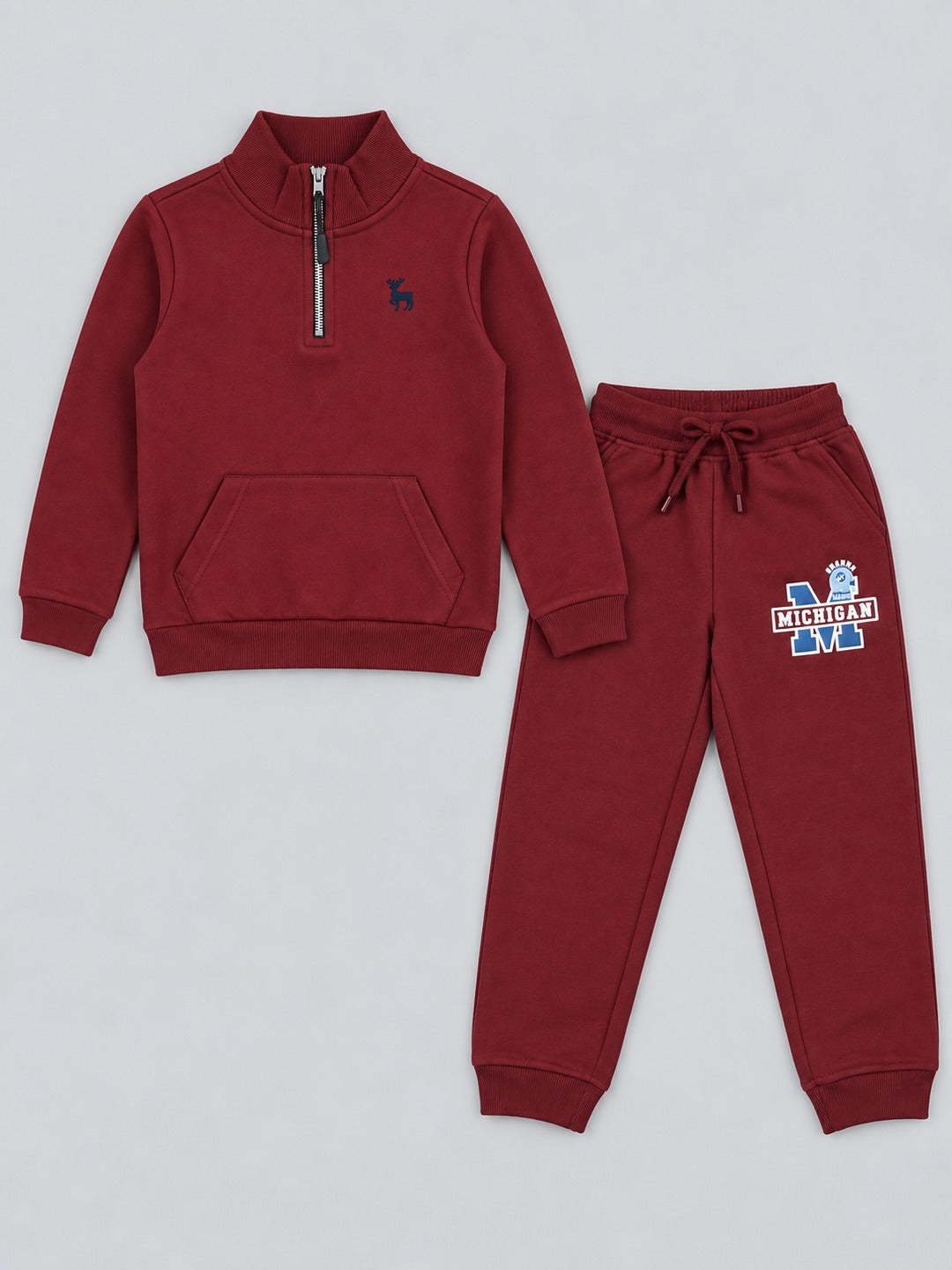 Boys Premium Soft Cotton Printed Half Zipper Hi-Neck Sweatshirt and Jogger Set