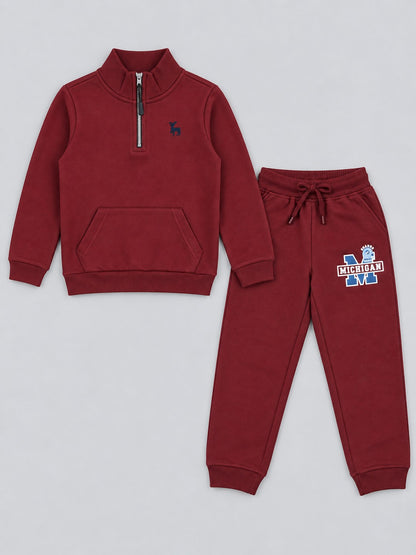 Boys Premium Soft Cotton Printed Half Zipper Hi-Neck Sweatshirt and Jogger Set