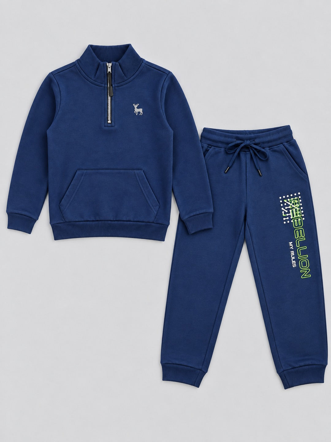Boys Premium Soft Cotton Printed Half Zipper Hi-Neck Sweatshirt and Jogger Set