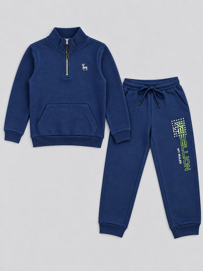 Boys Premium Soft Cotton Printed Half Zipper Hi-Neck Sweatshirt and Jogger Set