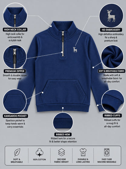 Boys Premium Soft Cotton Full Sleeve Half Zipper Hi-Neck Sweatshirt