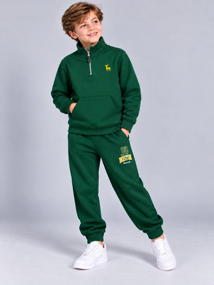 Boys Premium Soft Cotton Printed Half Zipper Hi-Neck Sweatshirt and Jogger Set