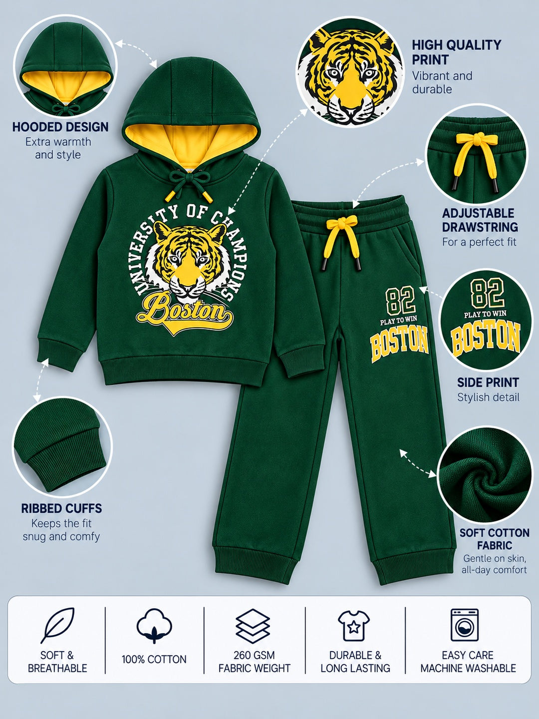 Boys Premium Soft Cotton Printed Hooded Sweatshirt and Jogger Set