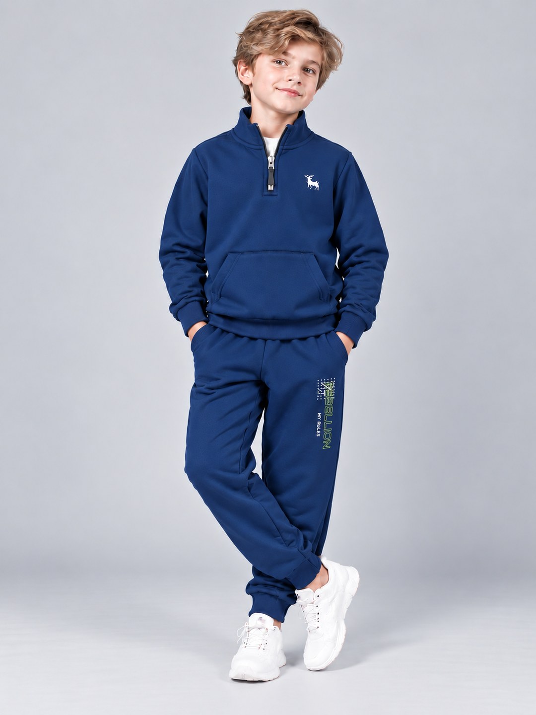Boys Premium Soft Cotton Printed Half Zipper Hi-Neck Sweatshirt and Jogger Set