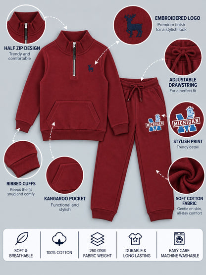 Boys Premium Soft Cotton Printed Half Zipper Hi-Neck Sweatshirt and Jogger Set
