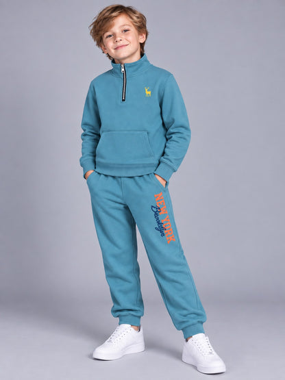 Boys Premium Soft Cotton Printed Half Zipper Hi-Neck Sweatshirt and Jogger Set