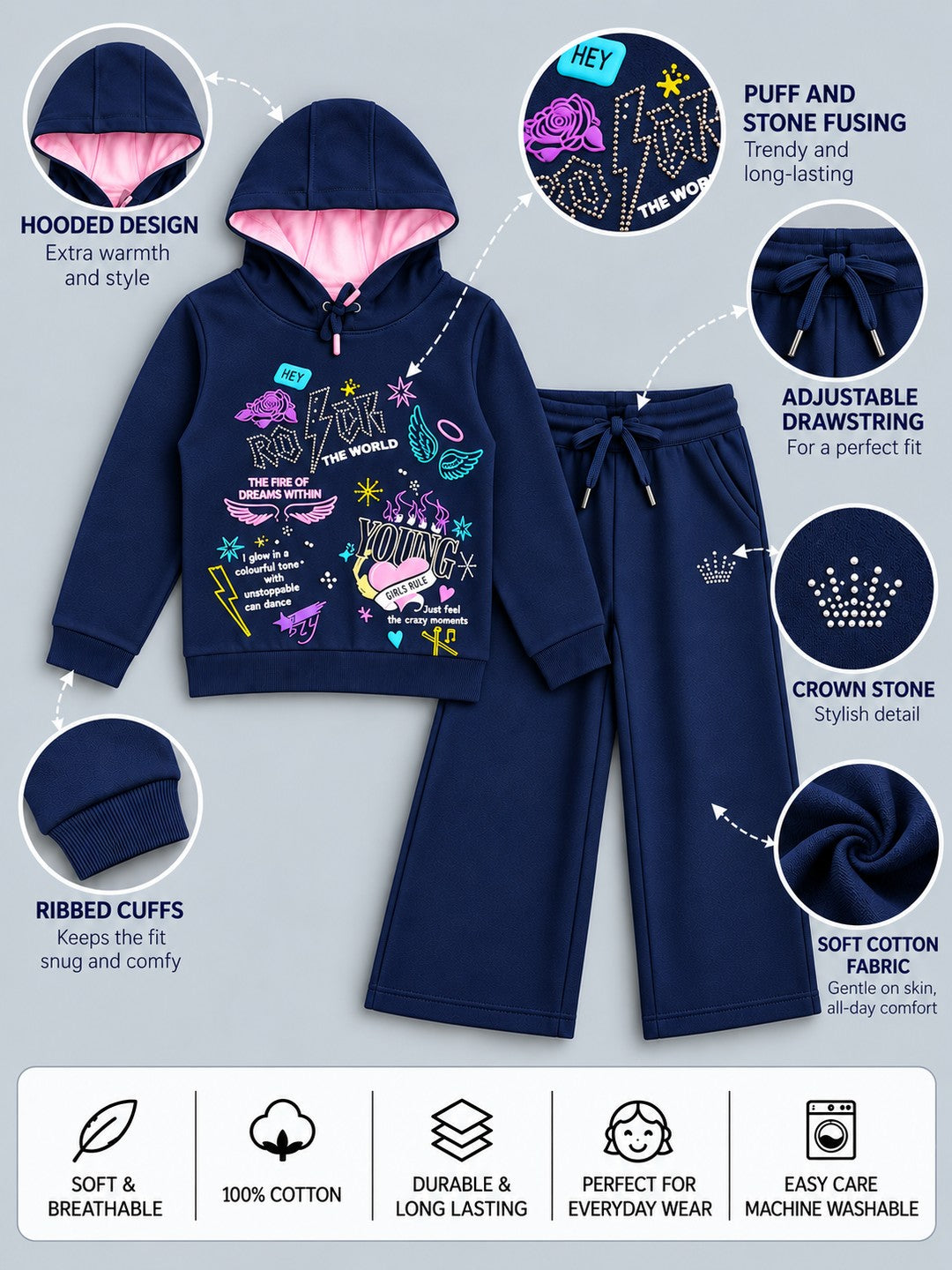 Girls Premium Soft Cotton Hooded Sweatshirt and Wide Leg Pant Set