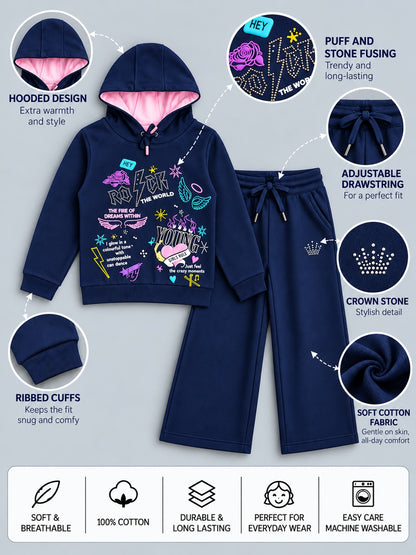 Girls Premium Soft Cotton Hooded Sweatshirt and Wide Leg Pant Set