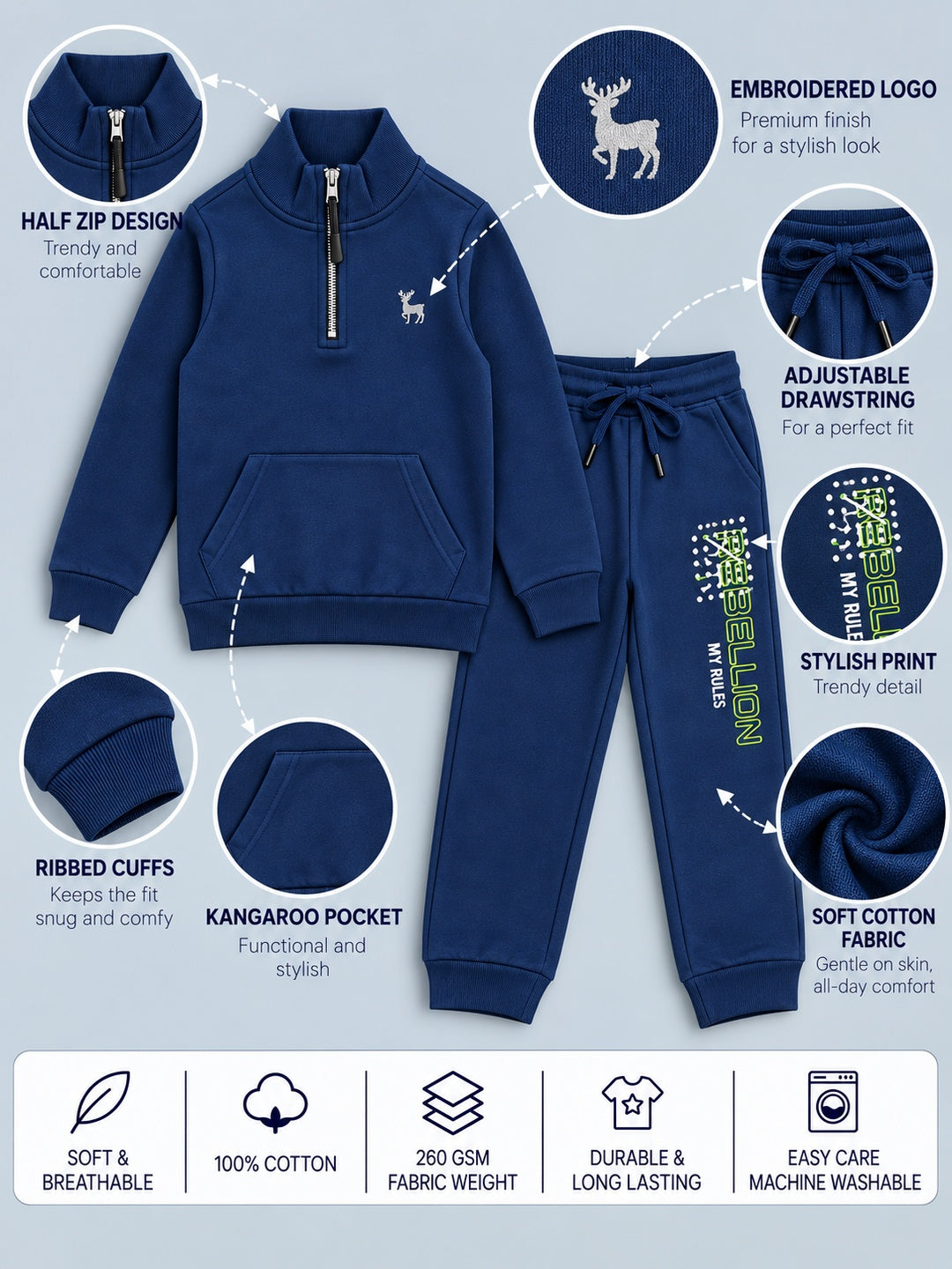 Boys Premium Soft Cotton Printed Half Zipper Hi-Neck Sweatshirt and Jogger Set