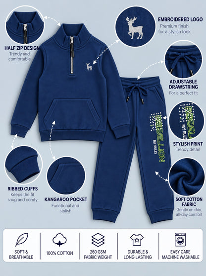 Boys Premium Soft Cotton Printed Half Zipper Hi-Neck Sweatshirt and Jogger Set