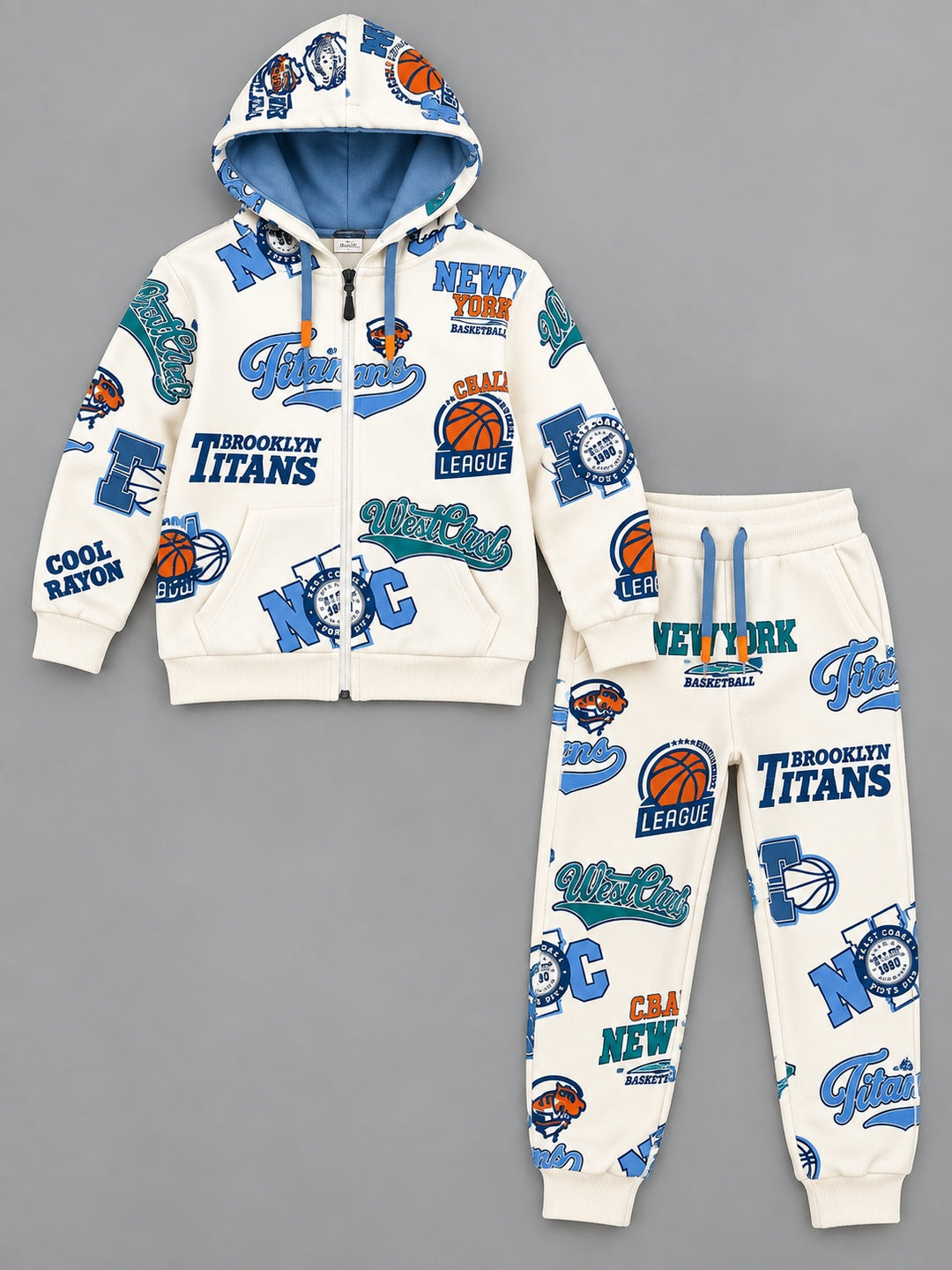 Boys Premium Soft Cotton Printed Full-Zipper Hooded Sweatshirt and Jogger Set