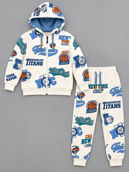 Boys Premium Soft Cotton Printed Full-Zipper Hooded Sweatshirt and Jogger Set