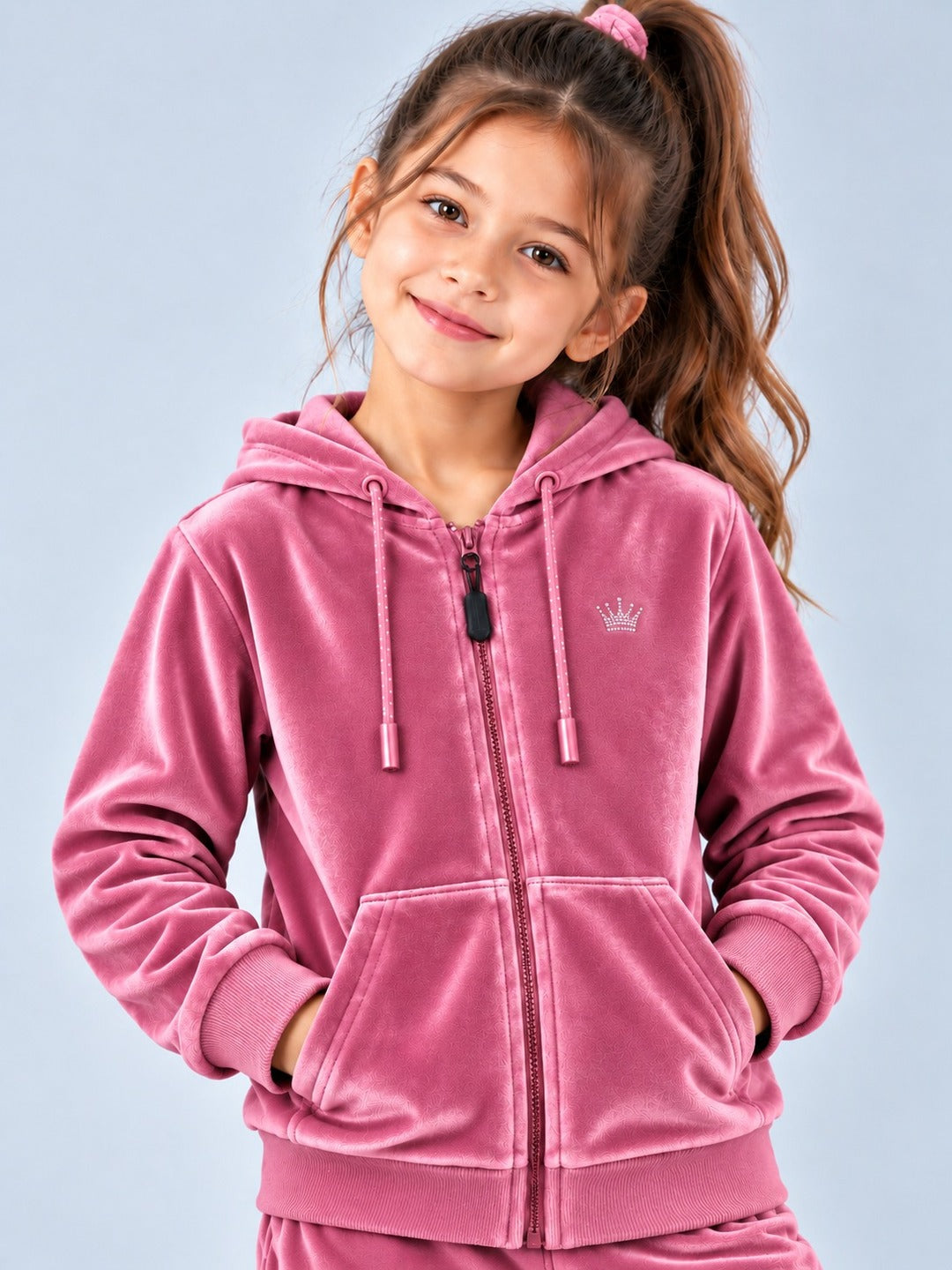 Girls Premium Velour Full Sleeve Solid Full-Zipper Hooded Sweatshirt