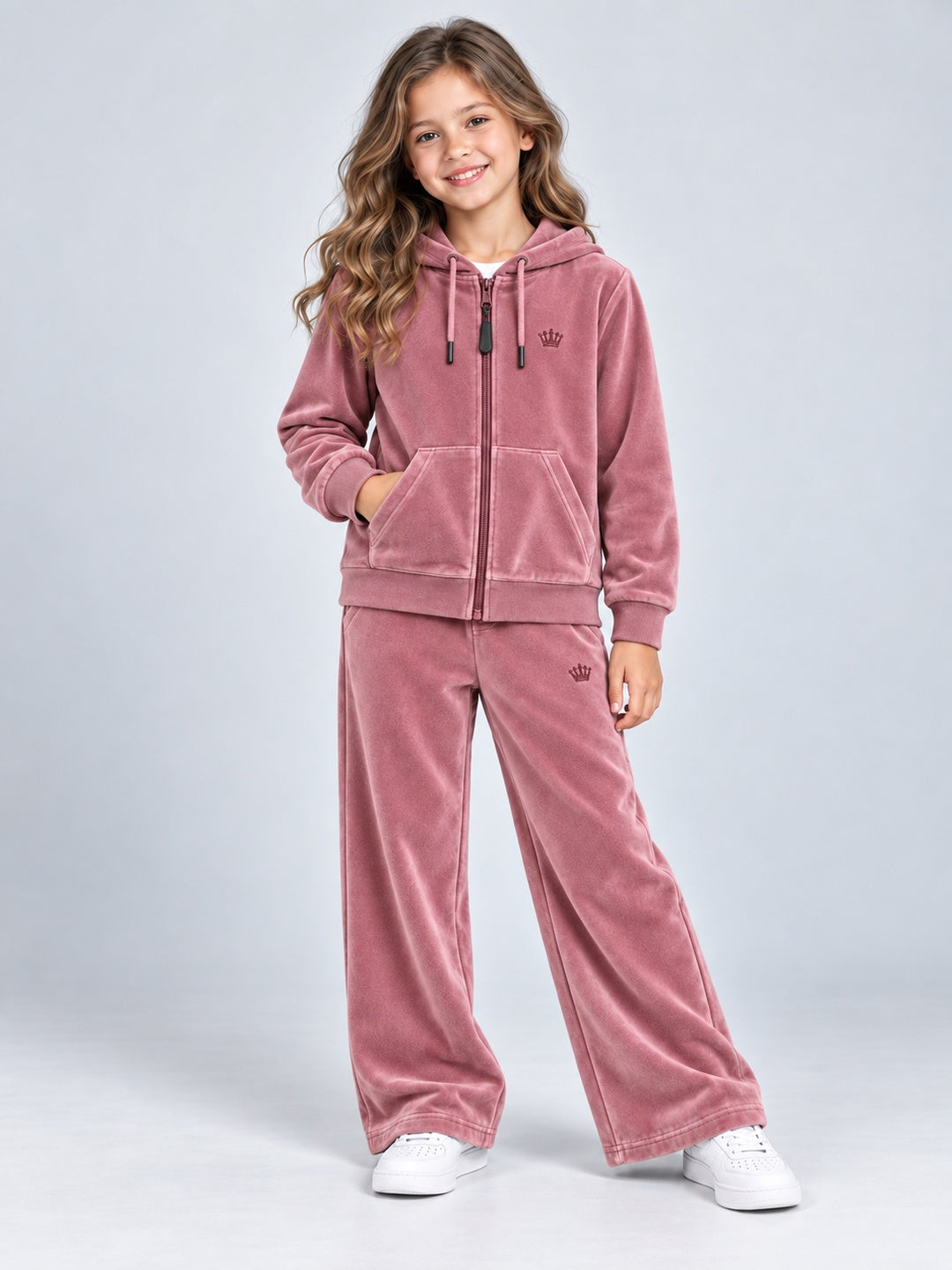 Girls Premium Velour Full Zipper Hooded Sweatshirt and Wide Leg Pant Set