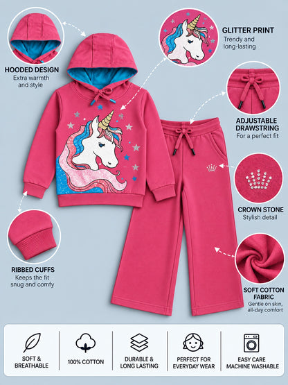 Girls Premium Soft Cotton Hooded Sweatshirt and Wide Leg Pant Set