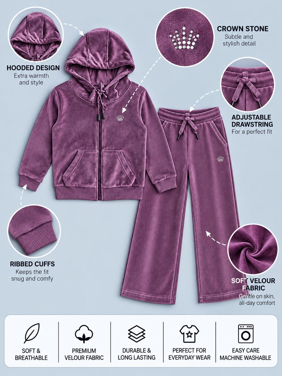 Girls Premium Velour Full Zipper Hooded Sweatshirt and Wide Leg Pant Set