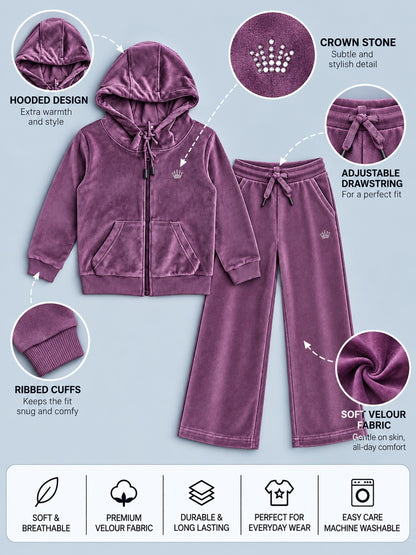 Girls Premium Velour Full Zipper Hooded Sweatshirt and Wide Leg Pant Set