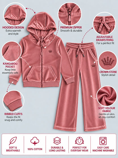 Girls Premium Velour Full Zipper Hooded Sweatshirt and Wide Leg Pant Set