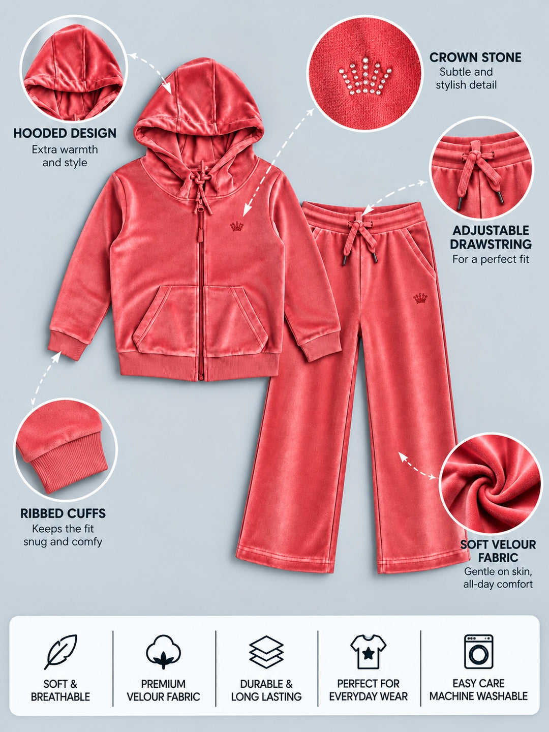 Girls Premium Velour Full Zipper Hooded Sweatshirt and Wide Leg Pant Set