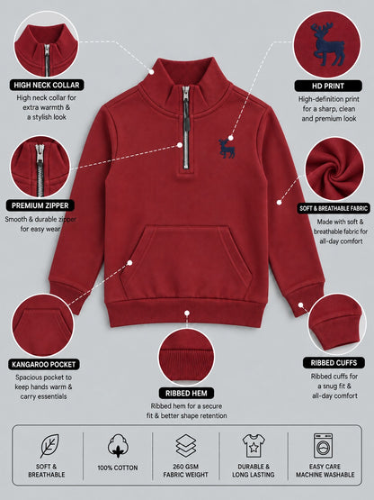 Boys Premium Soft Cotton Full Sleeve Half Zipper Hi-Neck Sweatshirt