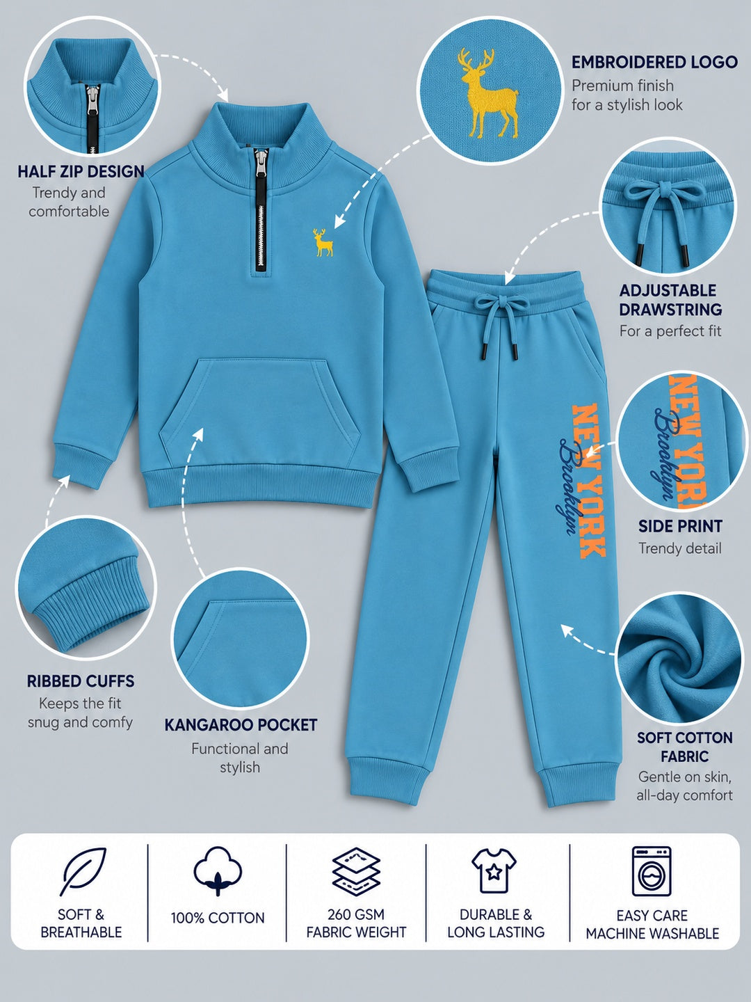 Boys Premium Soft Cotton Printed Half Zipper Hi-Neck Sweatshirt and Jogger Set