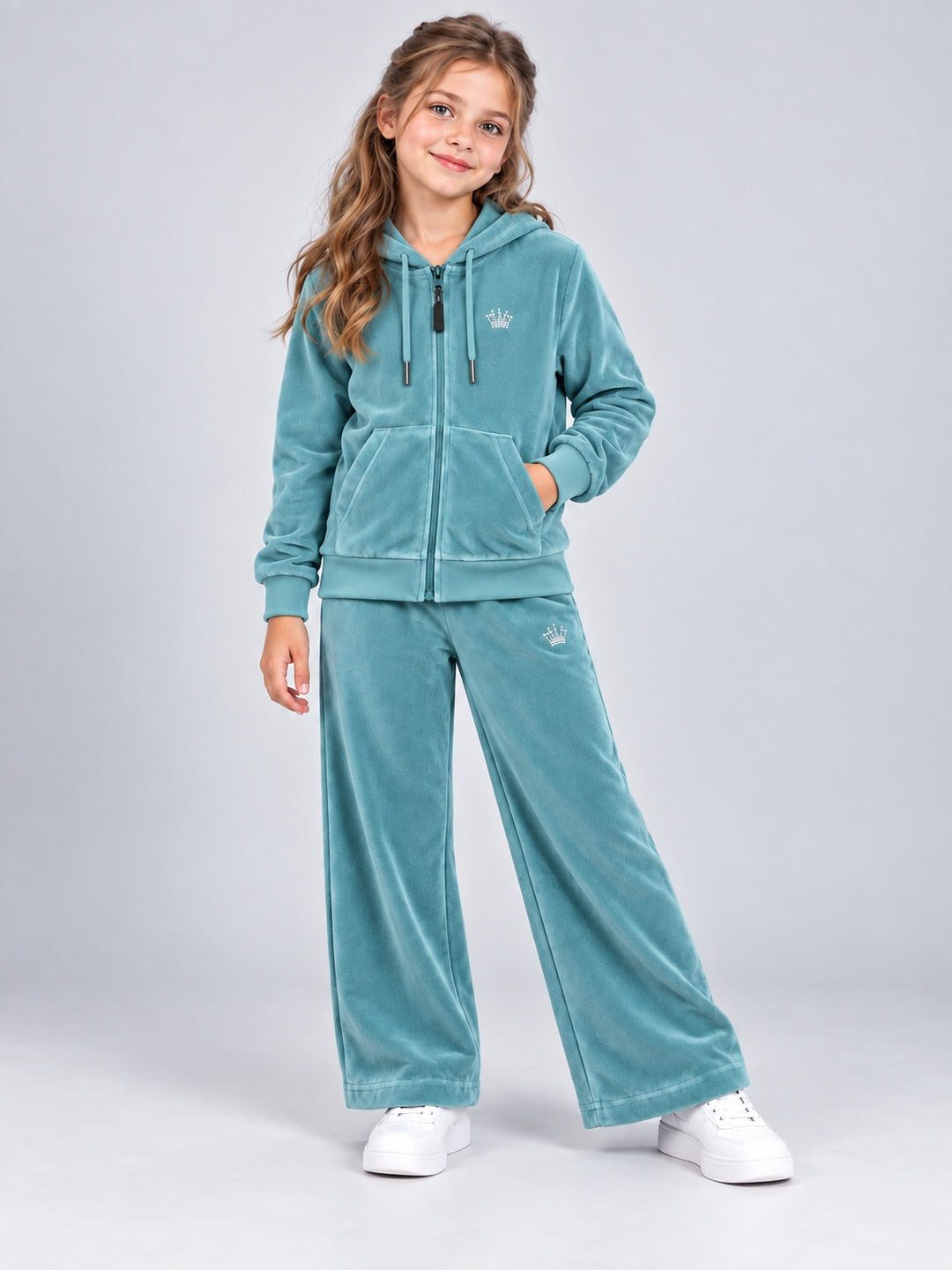 Girls Premium Velour Full Zipper Hooded Sweatshirt and Wide Leg Pant Set