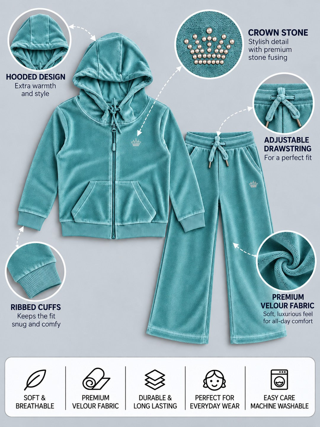 Girls Premium Velour Full Zipper Hooded Sweatshirt and Wide Leg Pant Set