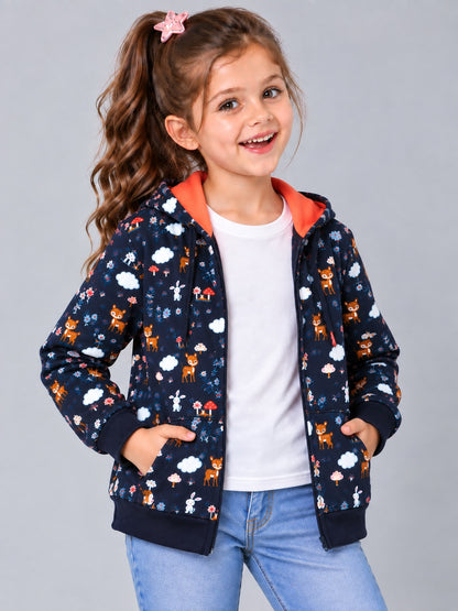 Girls Premium Soft cotton Full Zipper Printed Hooded Sweatshirt